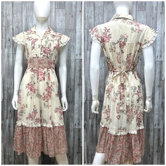 1970’s Vintage Cabbage Rose Cotton Dress [M12] - Picture 4 of 16